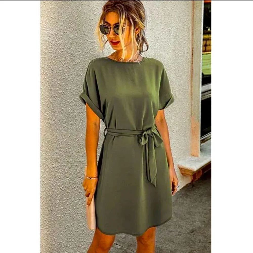 Sexy Olive Dress with Waist Tie 🍸